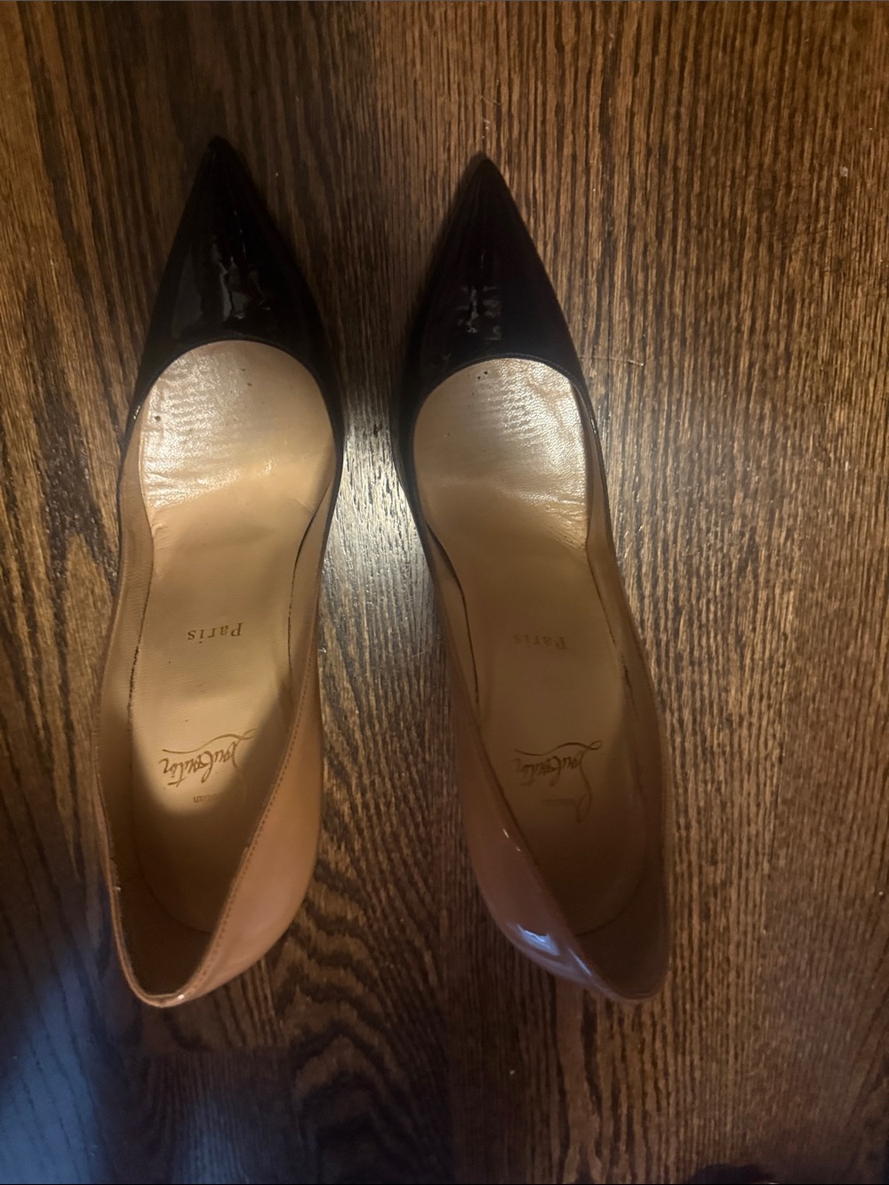 Christian Louboutin Two-Tone Patent Pointed Pumps - Black and Nude - Picture 4 of 7